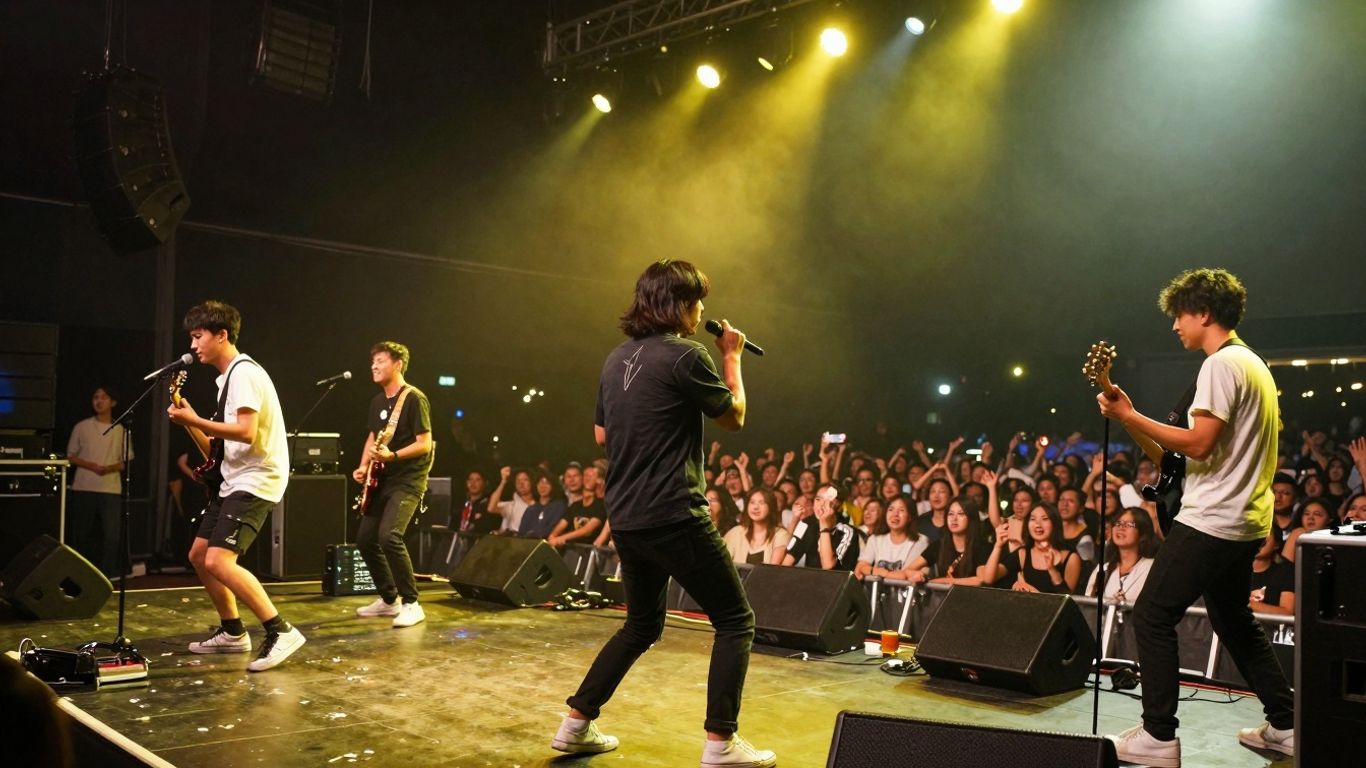 Concert met band en publiek op een podium.