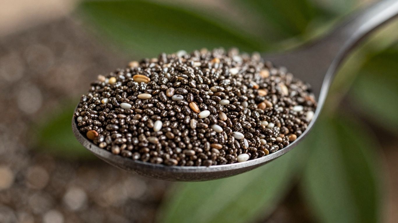Teaspoon of chia seeds with green plant background.