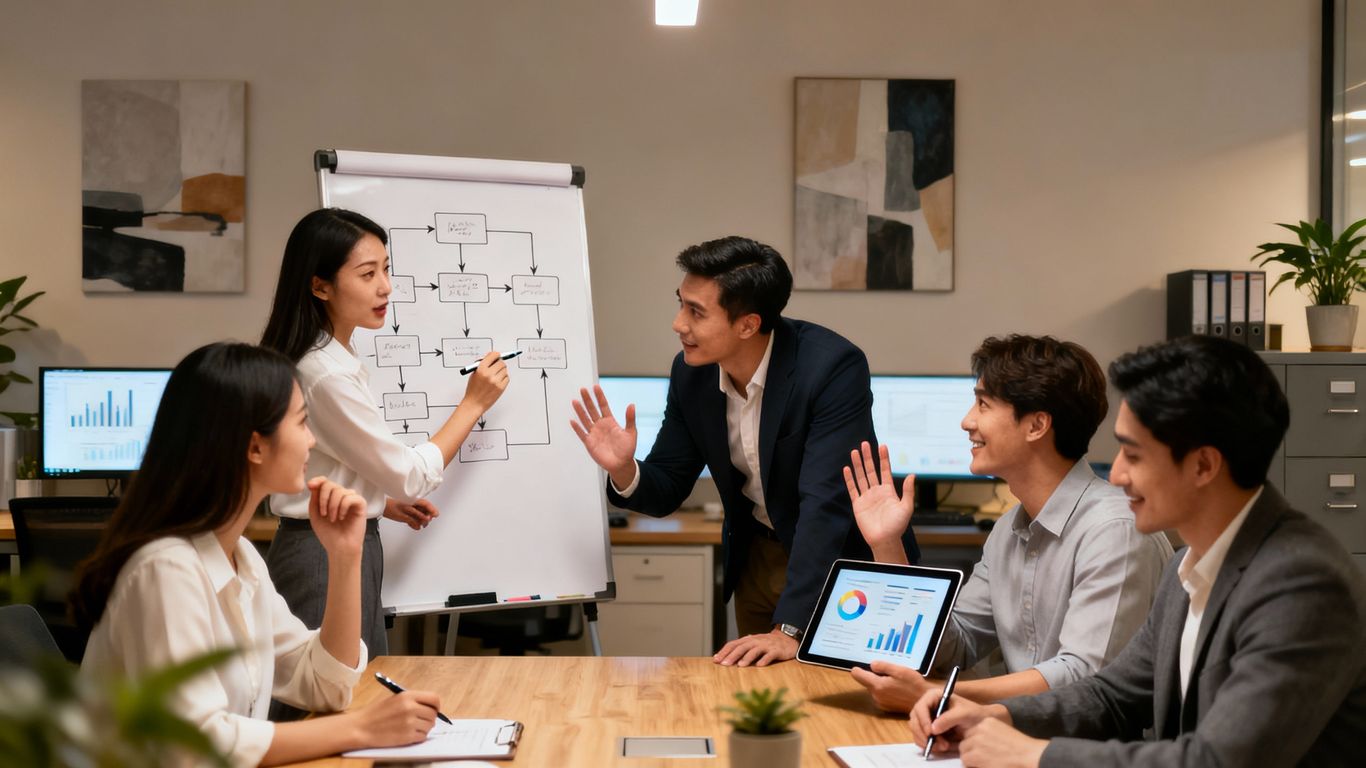 Business people collaborating at a help desk.