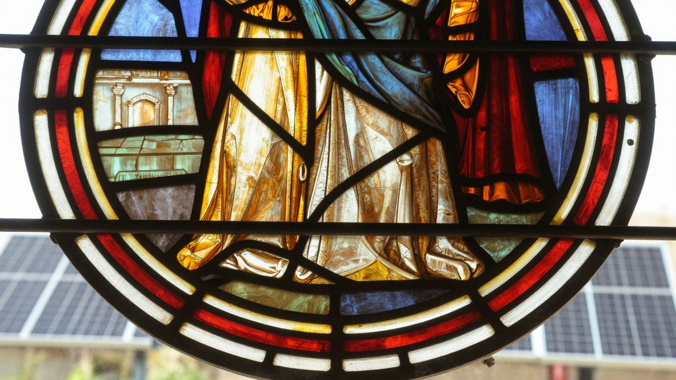 Vitraux médiévaux et panneau solaire moderne.