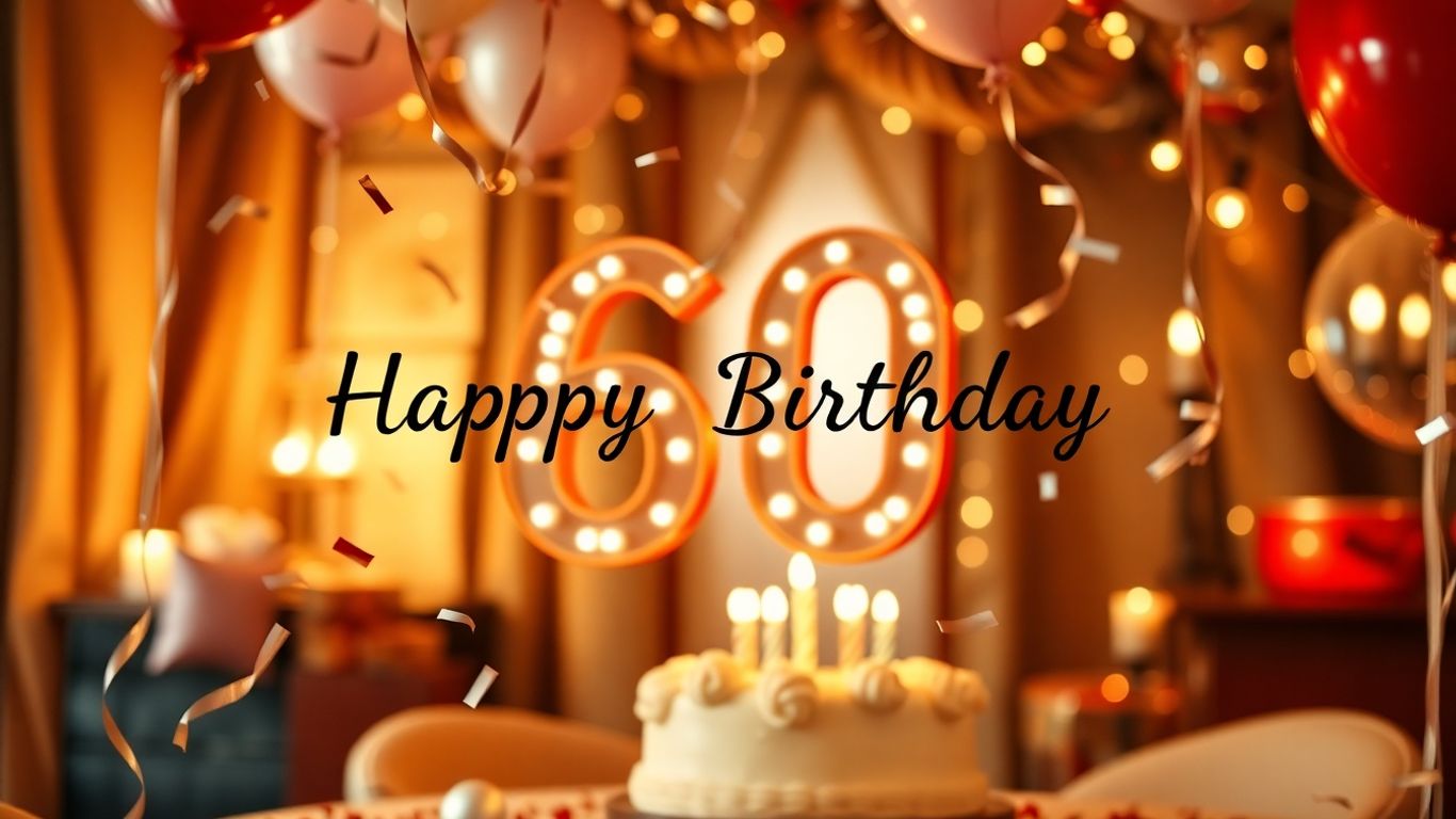 Feierliche 60. Geburtstagsszene mit eleganten Dekorationen und Geschenken.