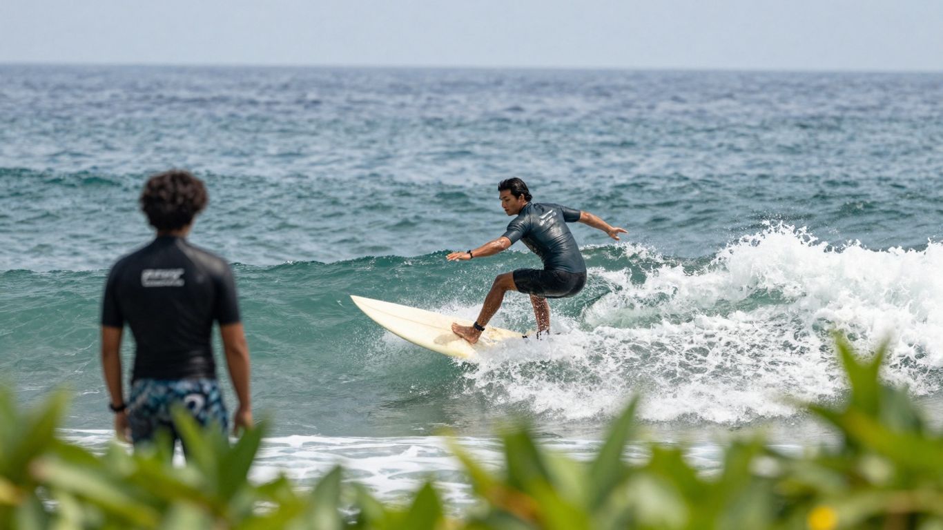 Surfer auf Welle, anderer Surfer wartet im Wasser