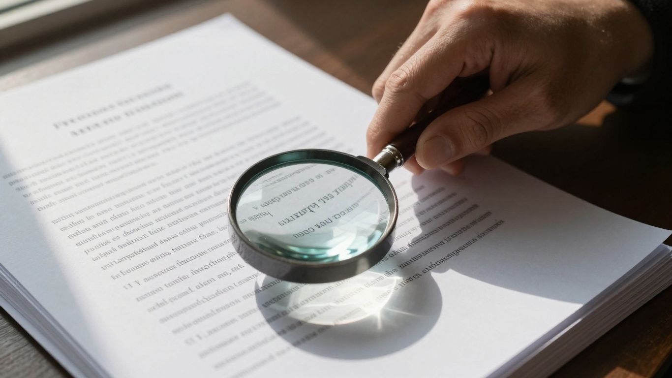 Mână cu lupă peste documente oficiale.