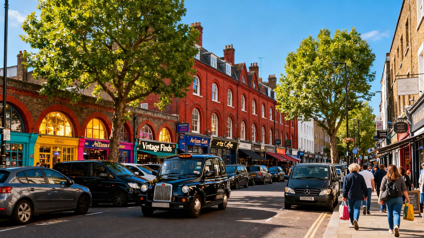 Busy Camden street with parked cars and London taxis