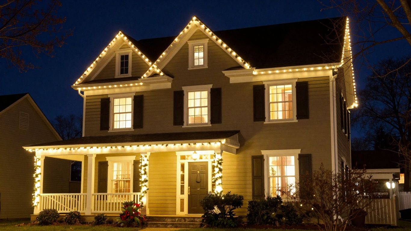 Edwardsville home with permanent Christmas lights at night.