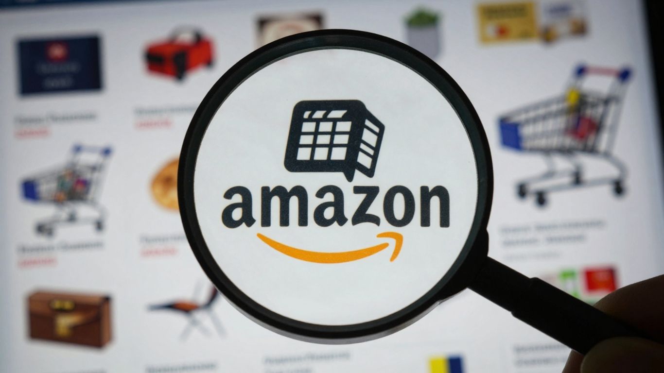Magnifying glass over Amazon logo, market analysis.