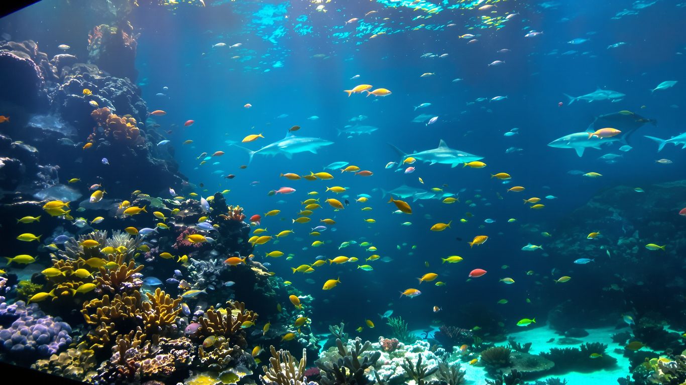 Colorful fish and sharks in a vibrant aquarium exhibit.