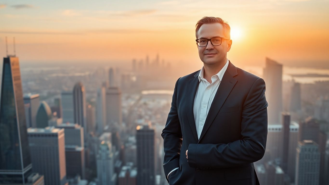 Investment strategist overlooking city skyline at sunrise.