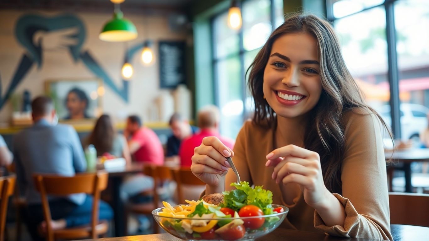 Person enjoying healthy food in social setting.