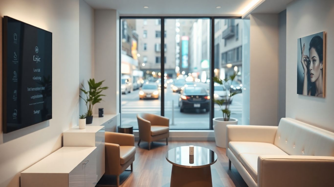 Aesthetic clinic interior with city view.