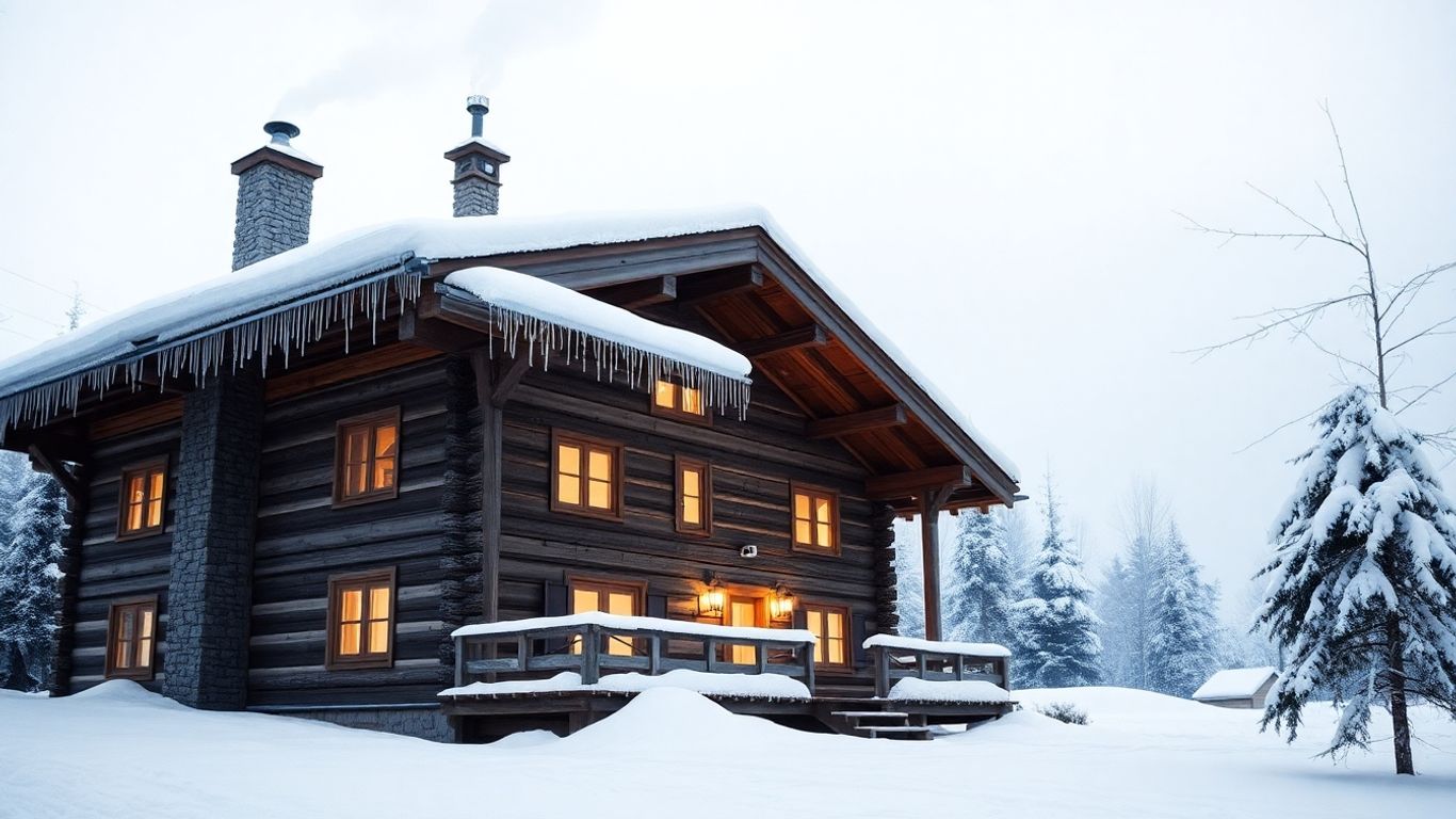 Chalet enneigé avec lumière chaleureuse aux fenêtres.