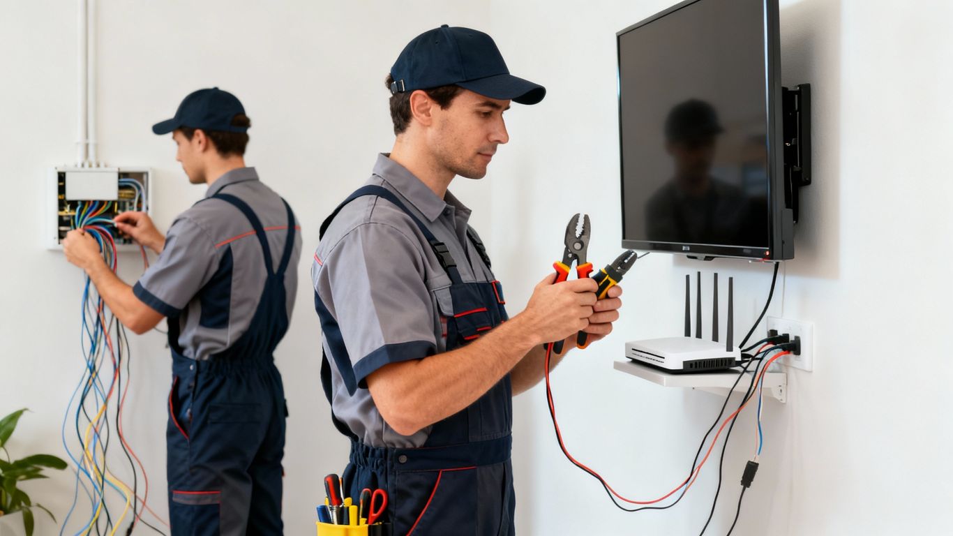 Cable technician installing and repairing cables.