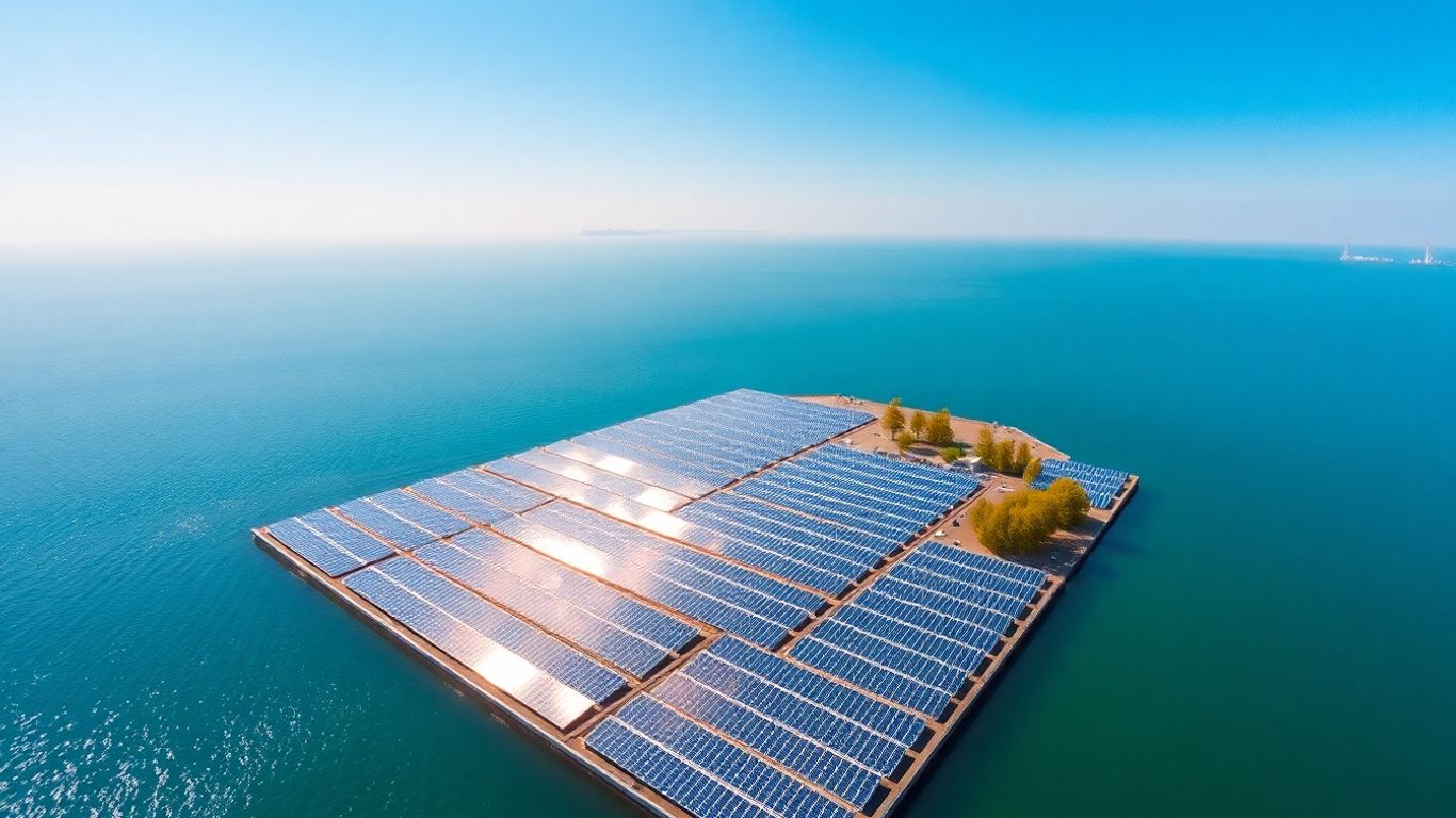 Vue aérienne d'une centrale solaire flottante sur l'eau