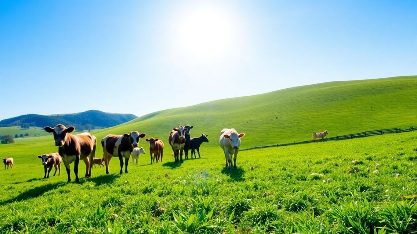 Healthy livestock grazing in green pastures under a clear sky.