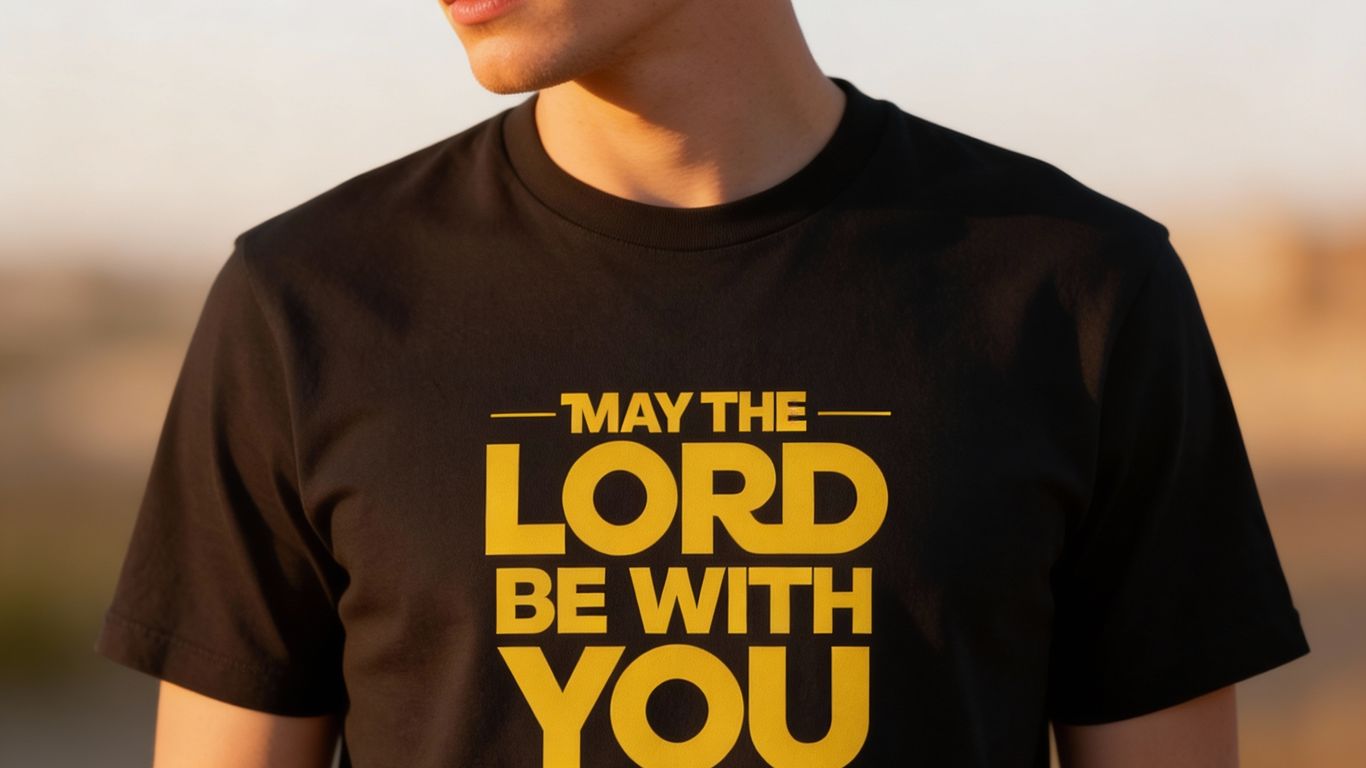 A person wears a black t-shirt with yellow text saying 