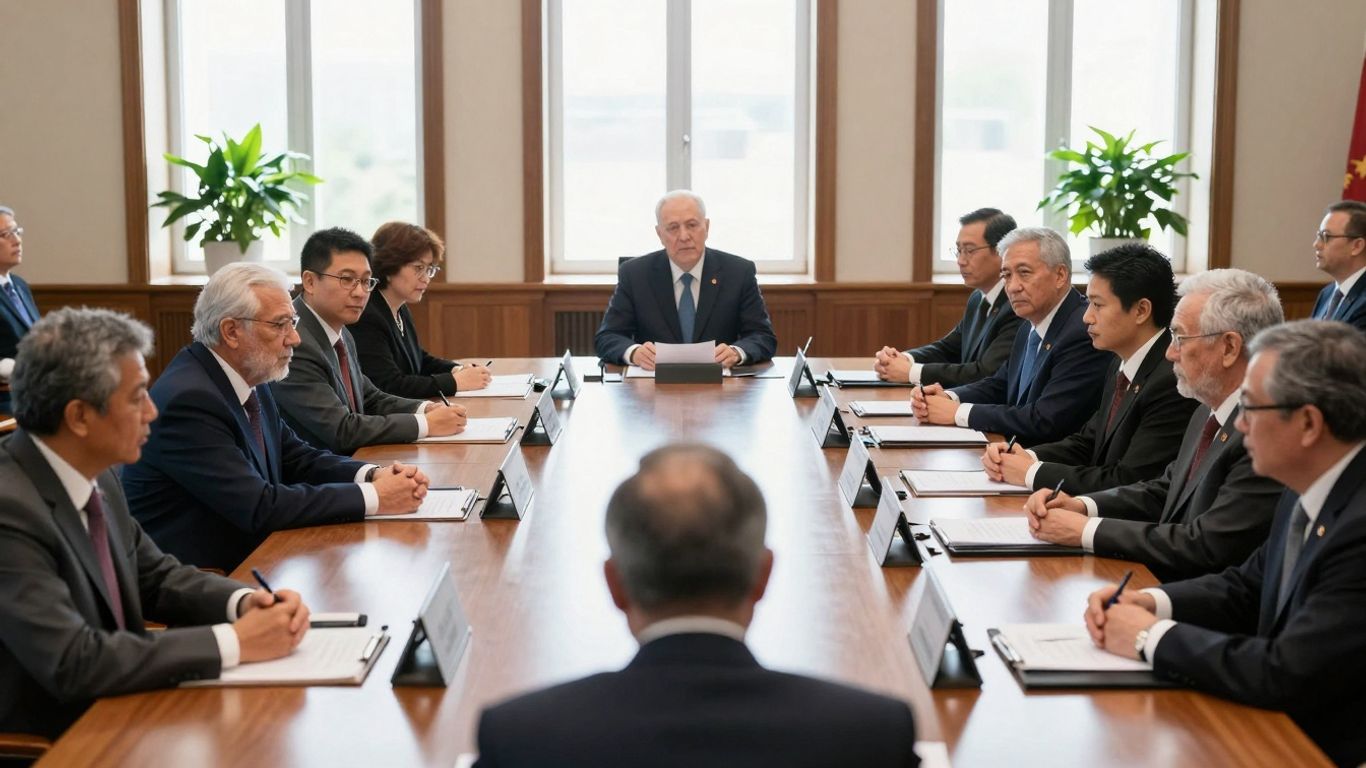 Lideri mondiali discutând la un summit internațional.