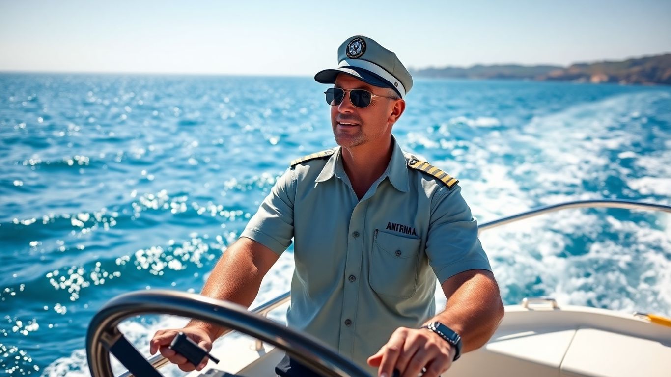Boat captain steering a ship on the water.