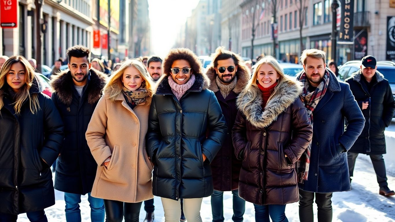 People in stylish winter coats outdoors.
