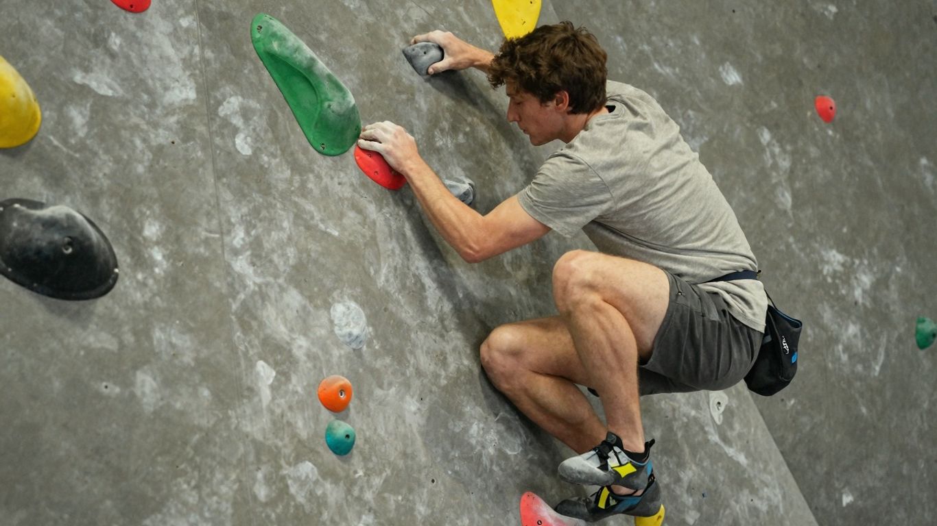 Beginner boulderer gripping a hold on an indoor climbing wall.