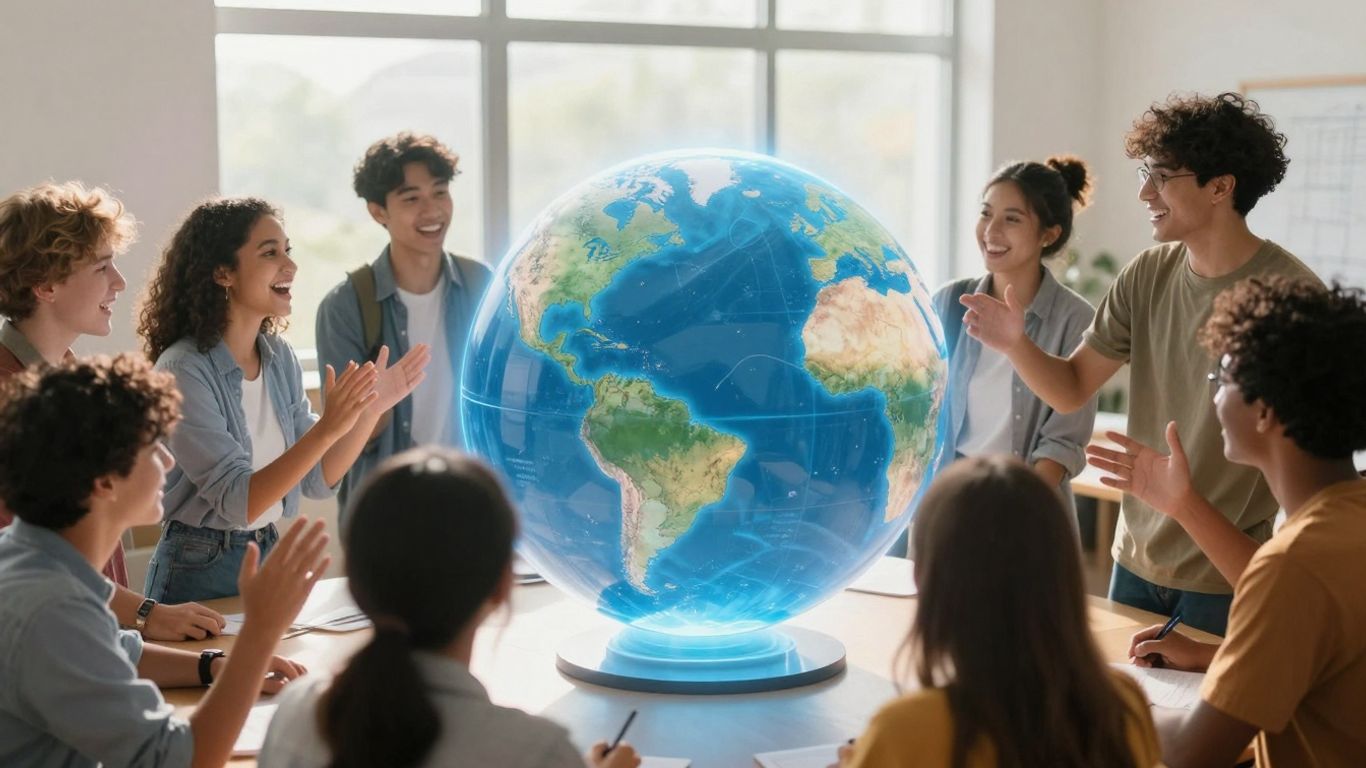 Estudiantes conectándose globalmente en una plataforma educativa internacional.