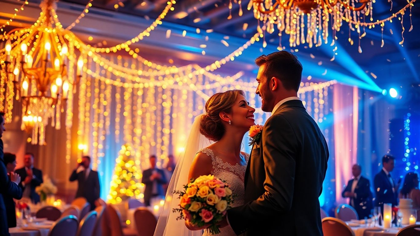 Elegant New Year's Eve wedding reception with bride and groom.