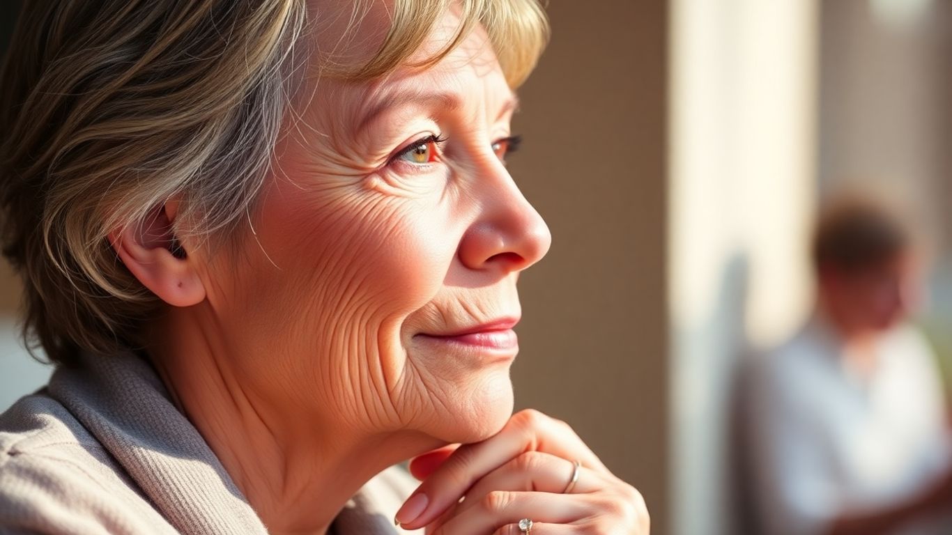 Mulher pensativa recebendo pensão de viuvez.