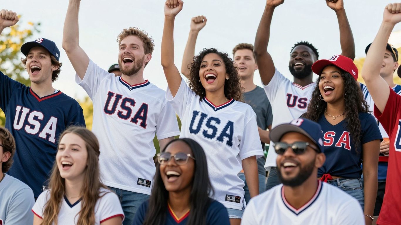 Fans in USA sports clothing celebrating.