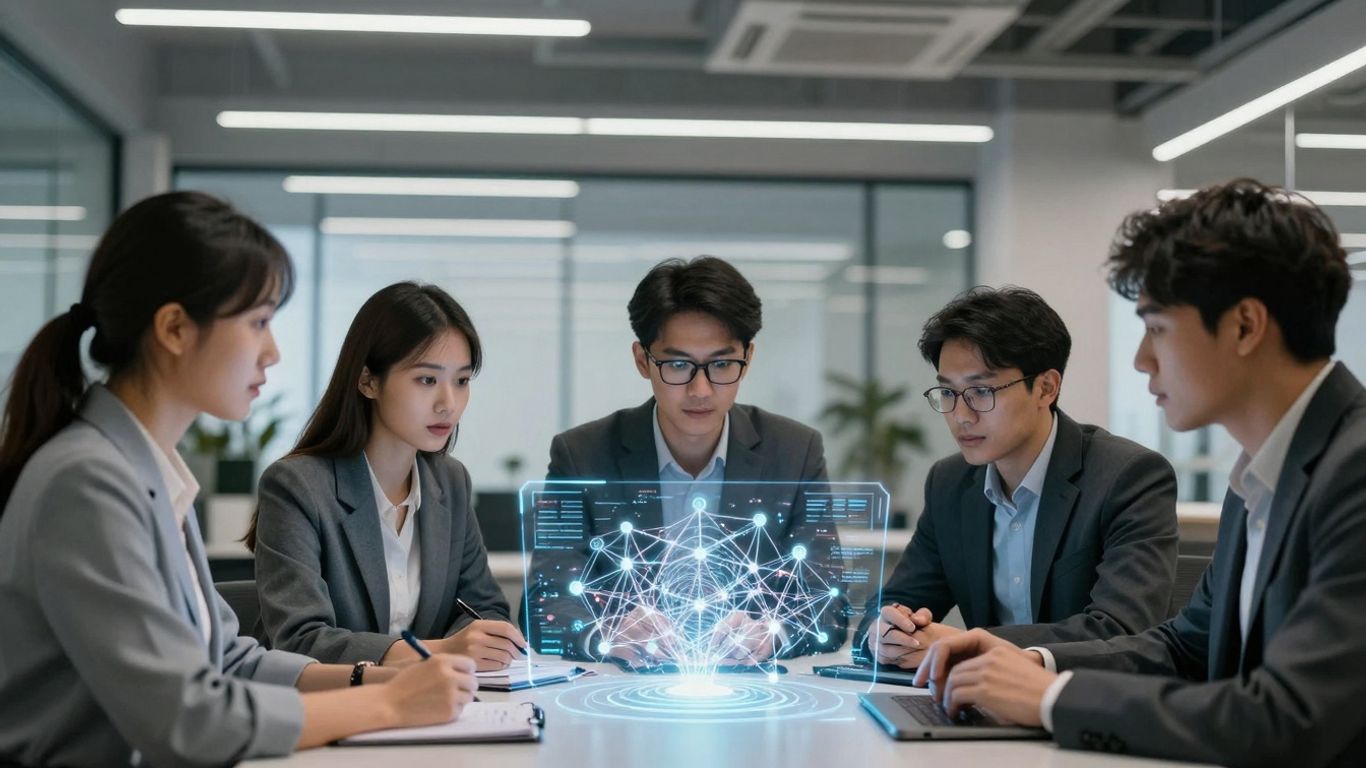 AI development team collaborating on holographic interface.