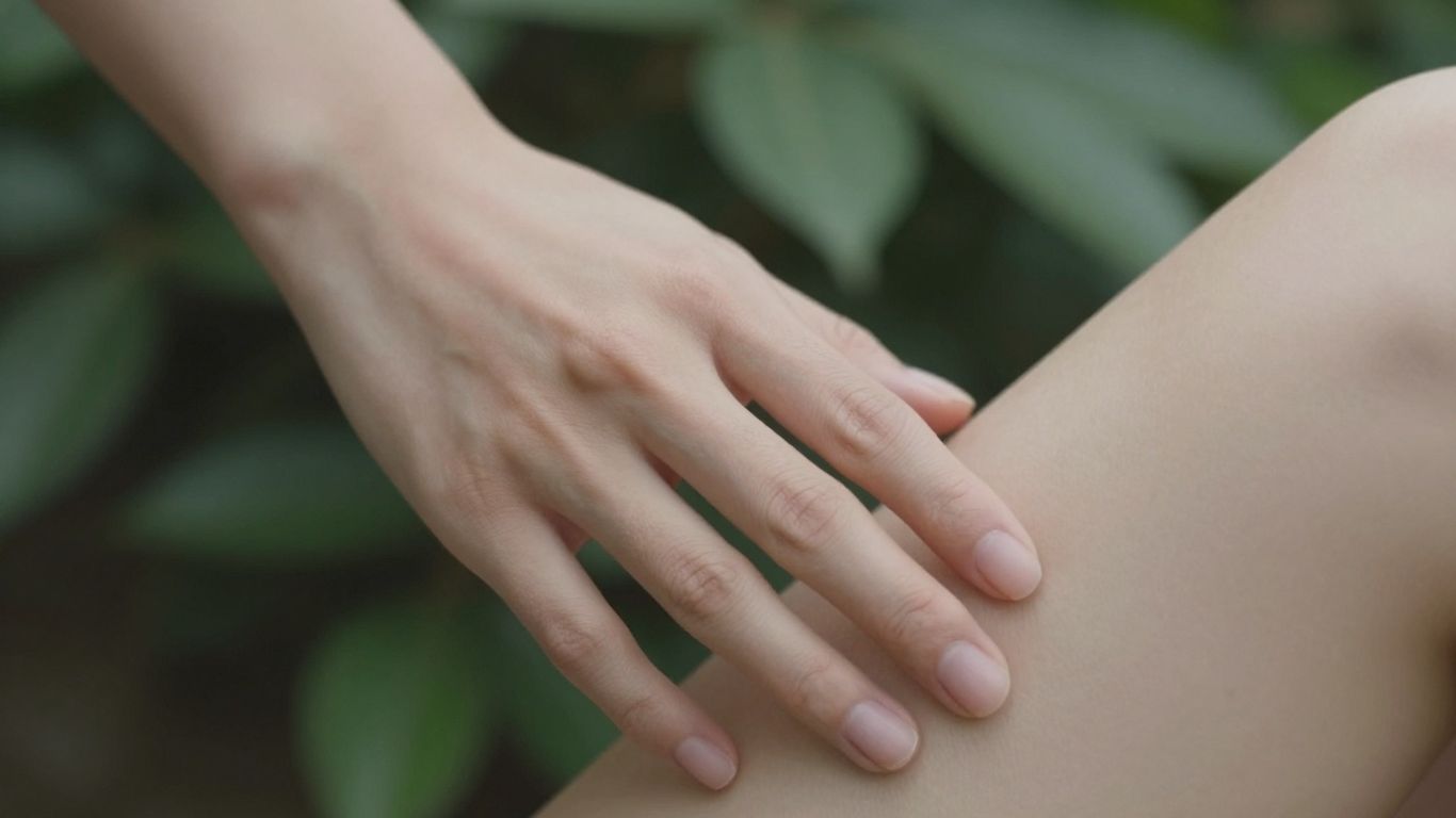 Hand touching leg with natural nerve pain relief elements.