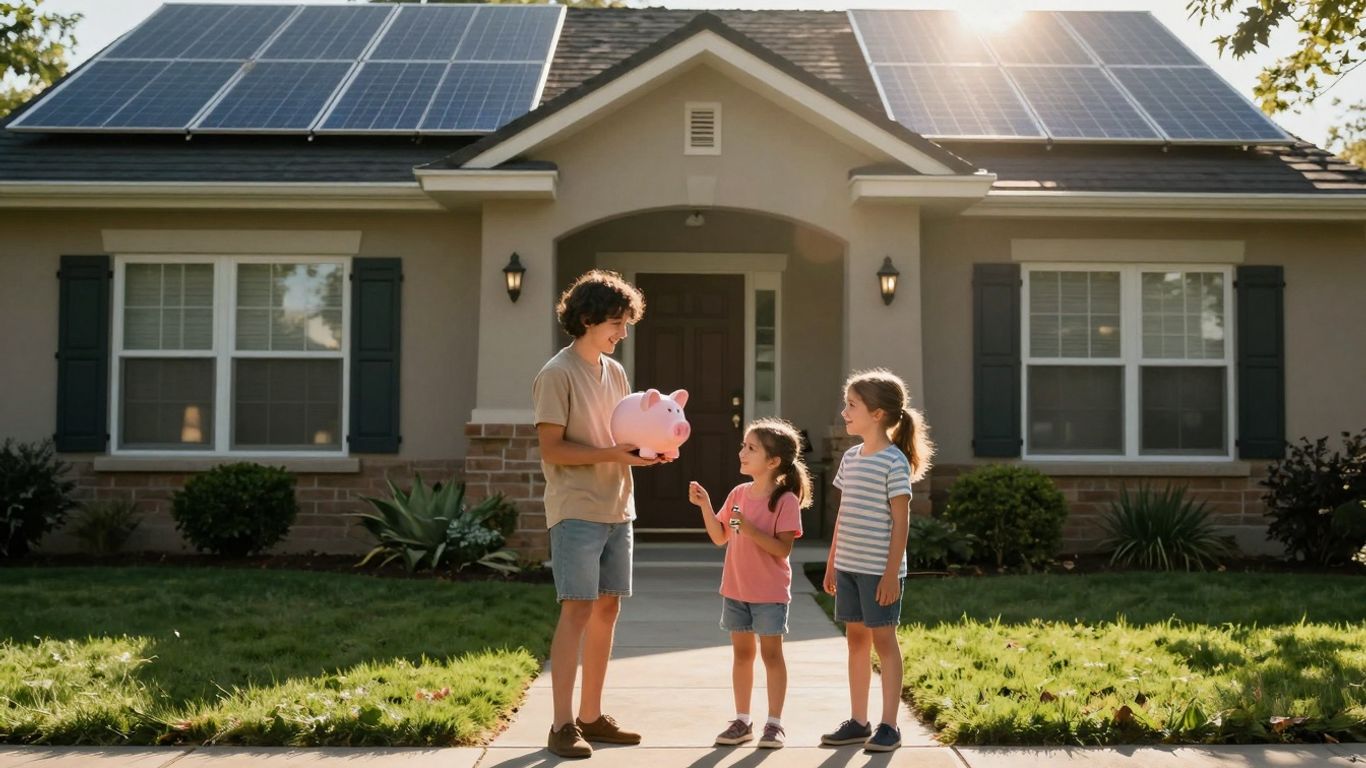 Home With Solar Panels And Happy Family