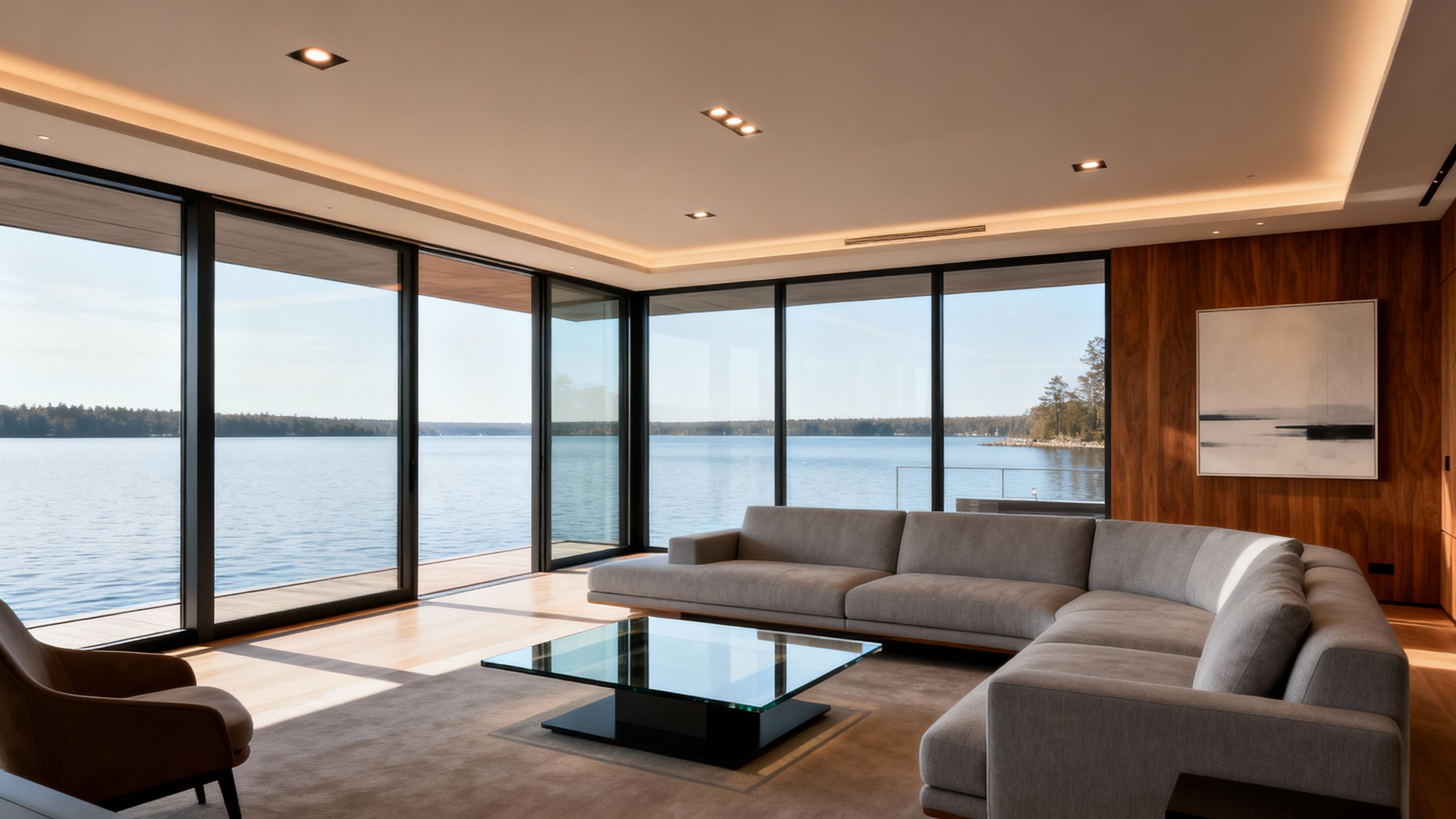 Luxury condo interior with water views, modern furnishings, and expansive windows