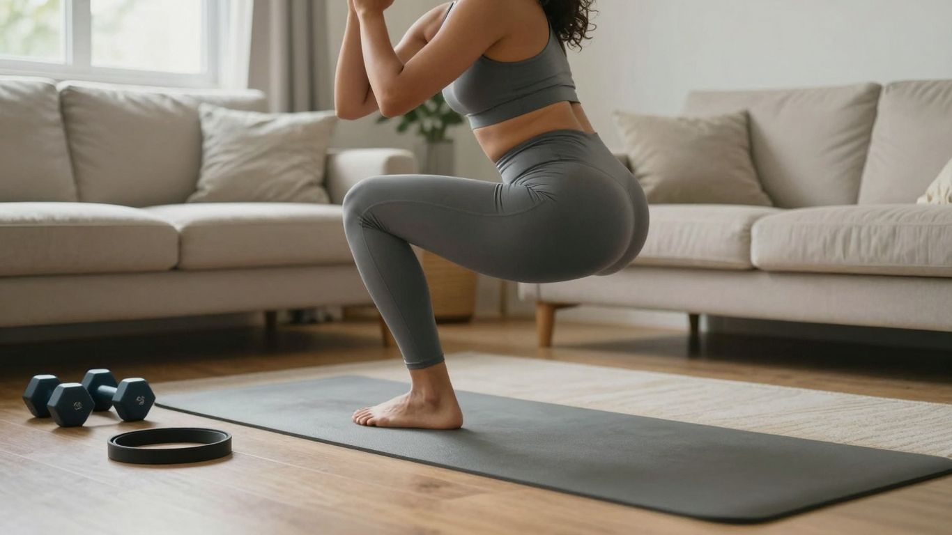 Beginner doing home workout with dumbbells and yoga mat.