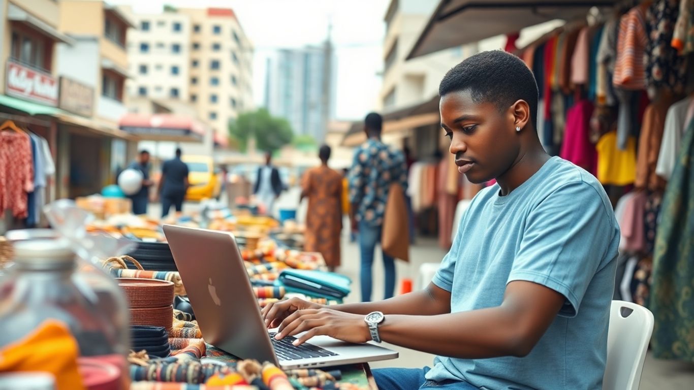 Cameroonian entrepreneur selling online with laptop and products.