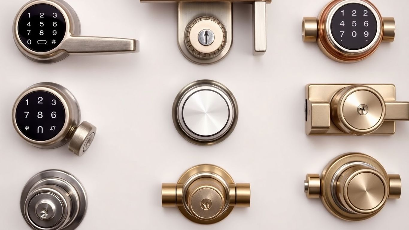 Various modern door entry locks displayed.