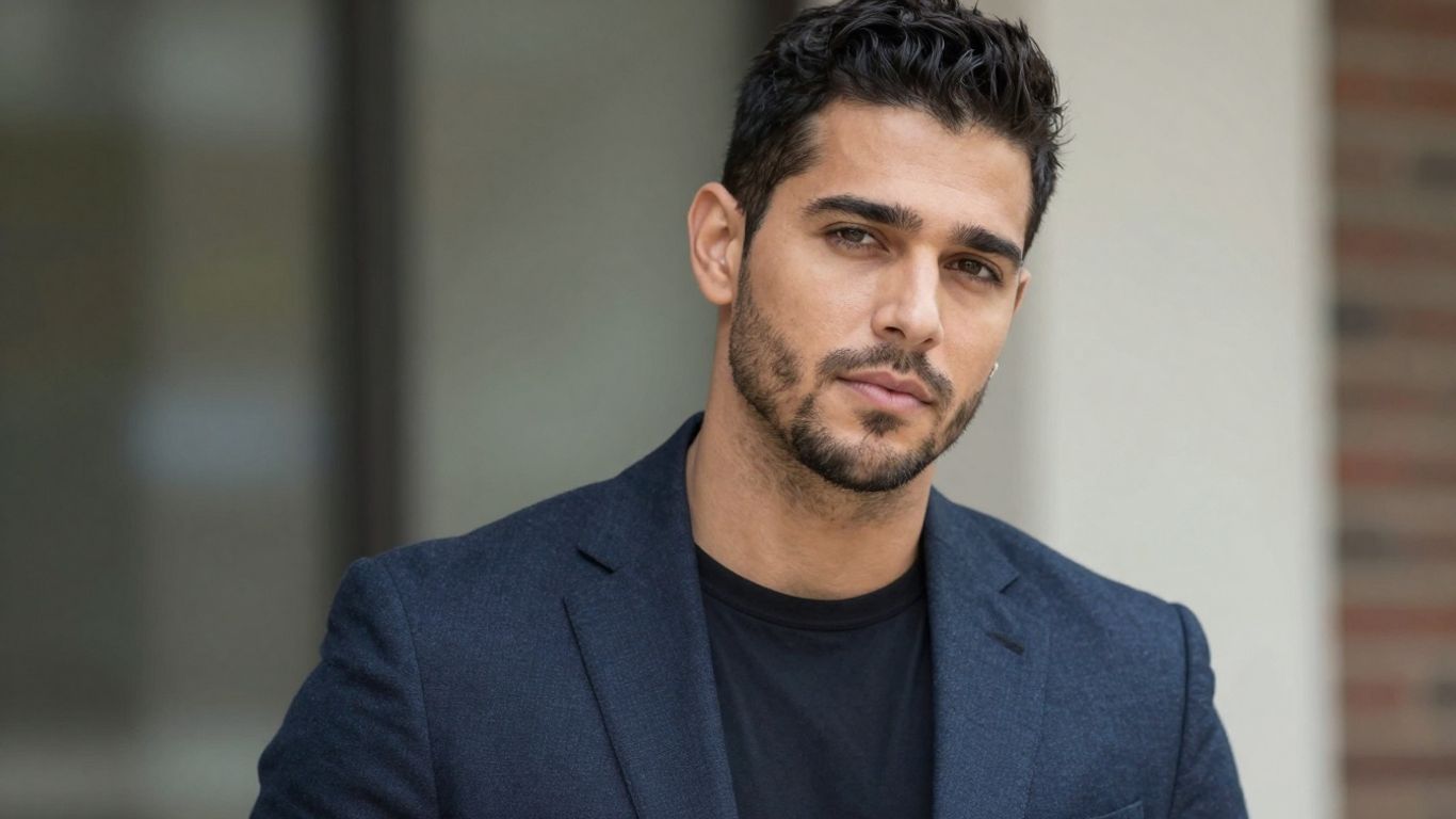 [Adrian Portelli] in a sharp suit, exuding success and wealth.