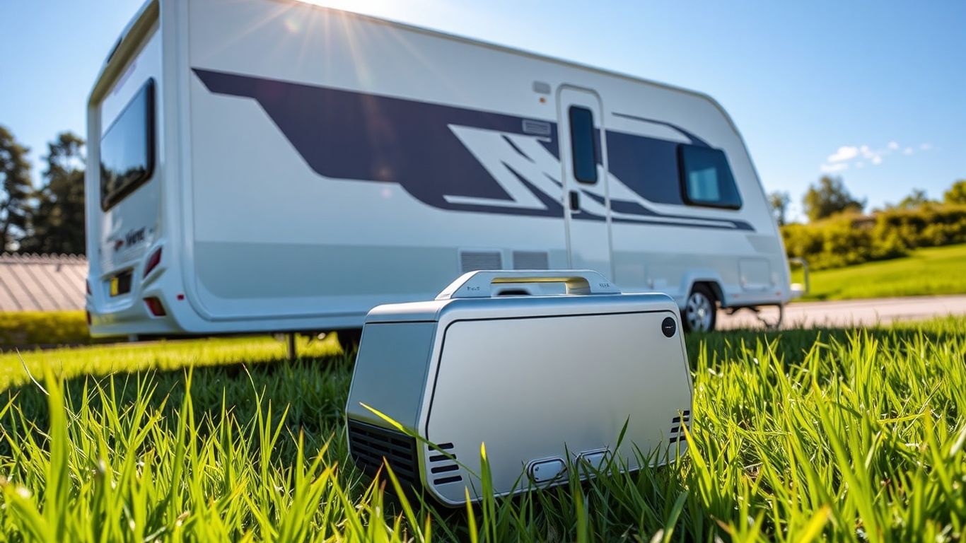 Caravan and generator in a scenic outdoor setting.