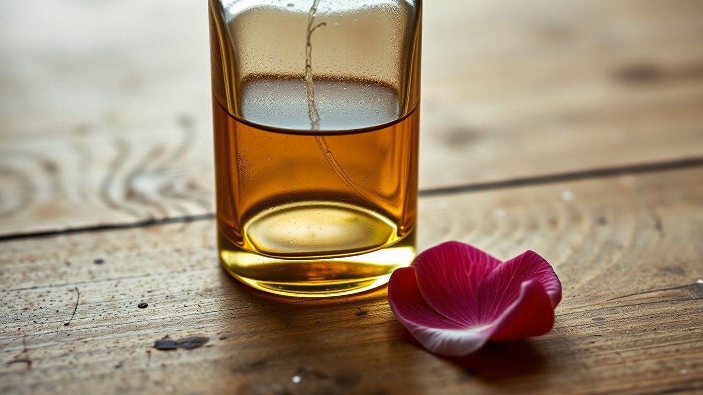 Vintage perfume bottle with wilting rose petal.