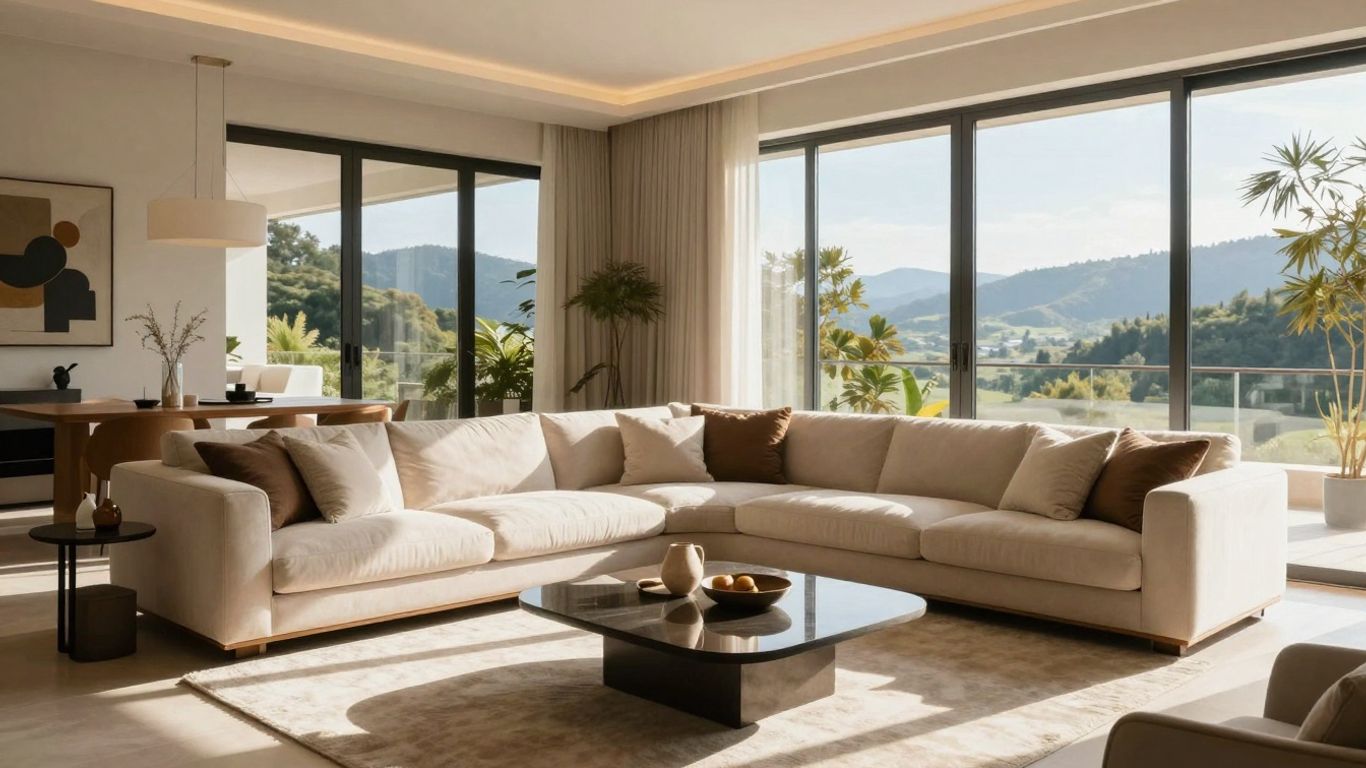 Cozy living room with scenic view, short term rental.