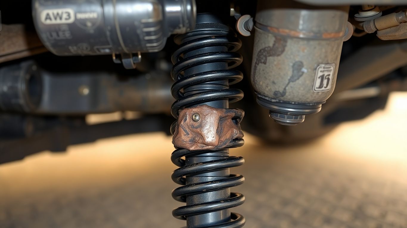 Worn car suspension components: coil spring and shock absorber.