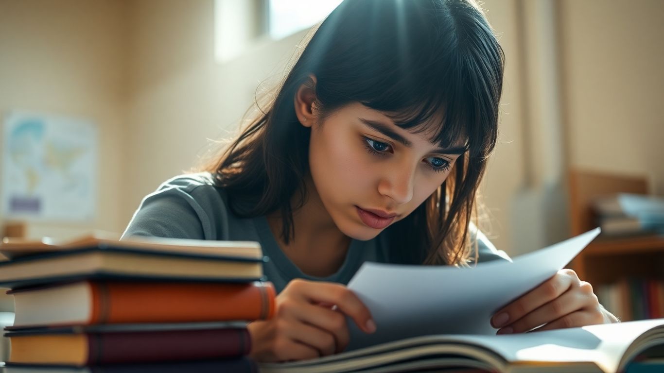 Student studying for IELTS exam with books.