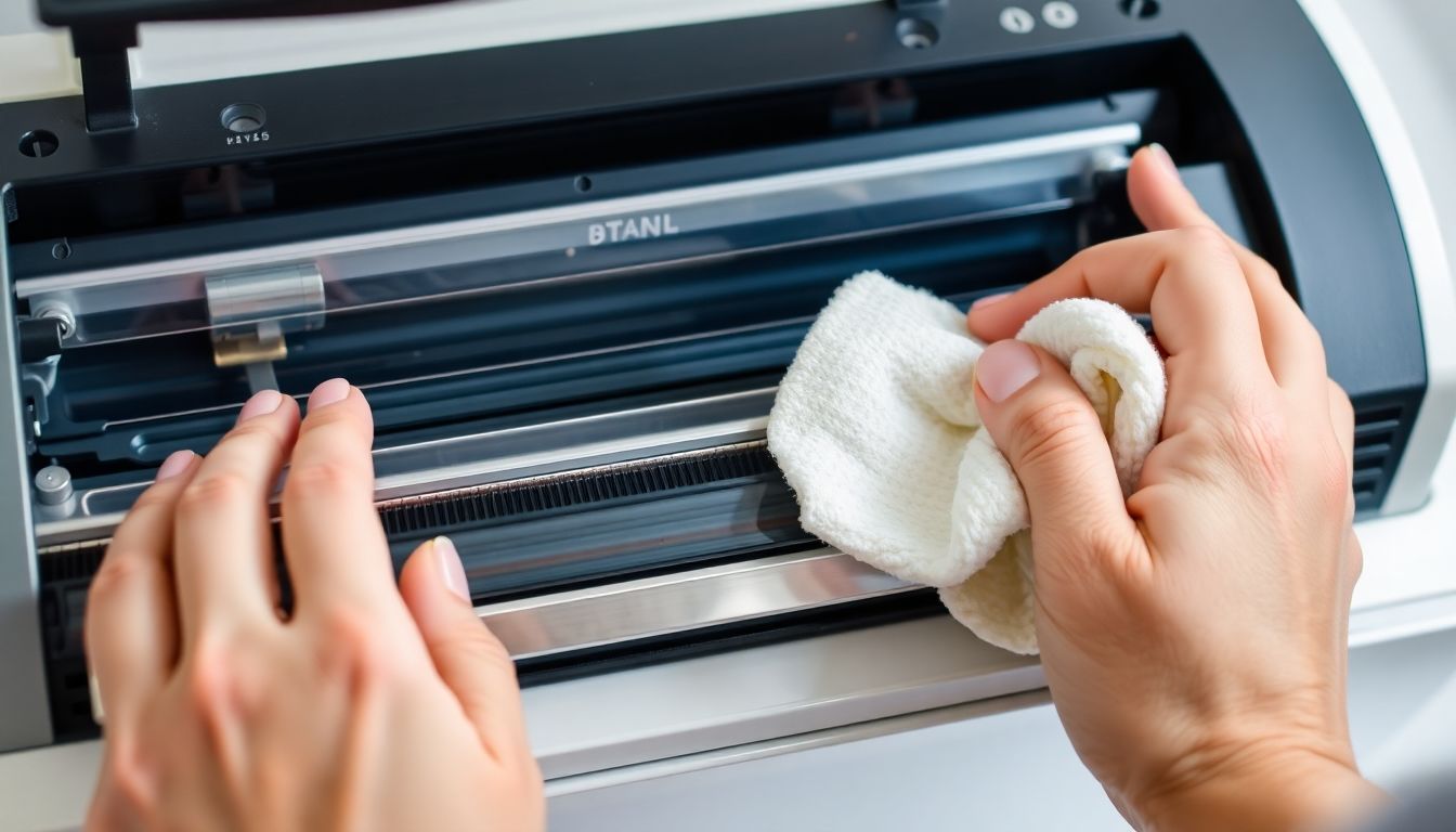 Hands cleaning vacuum sealer heating element and tape.