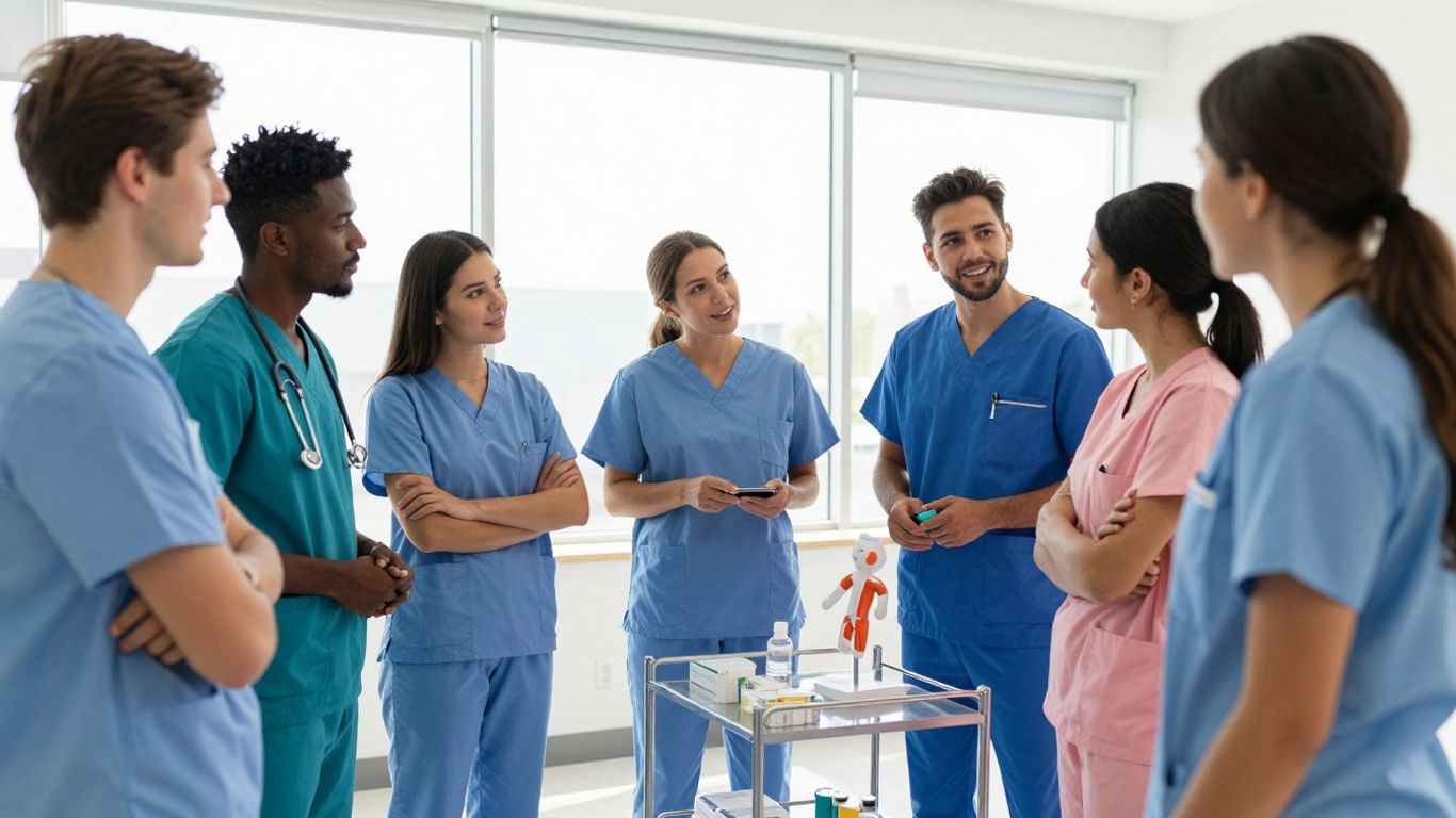 Students learning about medication administration in a classroom.