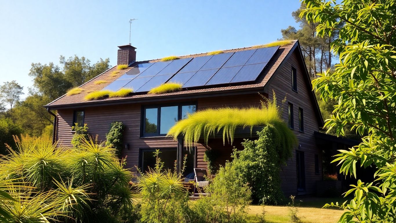 Modern energy-efficient house with solar panels.