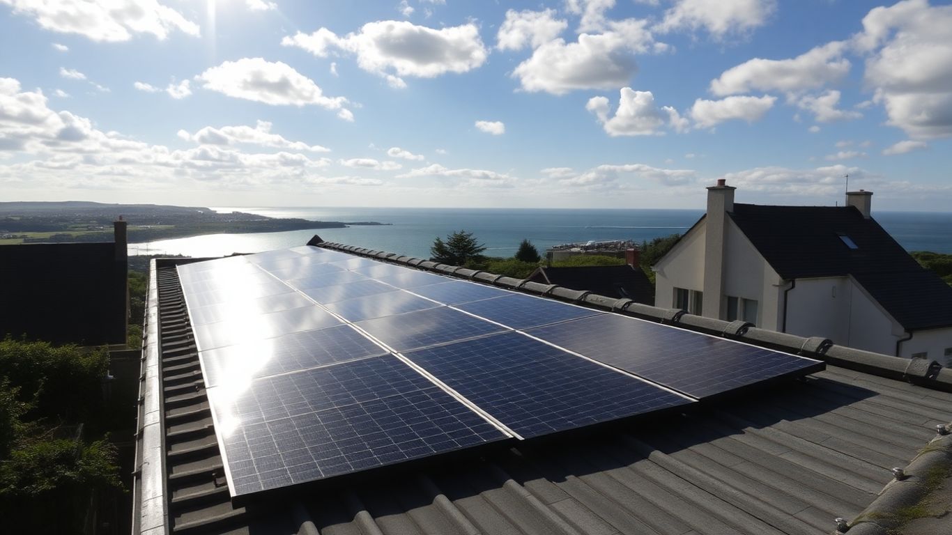Solar panels on a roof in Brest with sunny sky