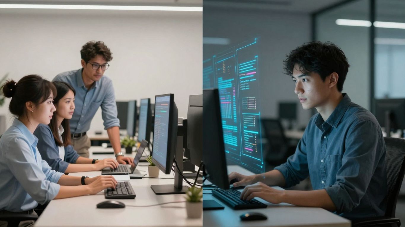 Outsourced IT expert working on a computer, contrasted with an office team.