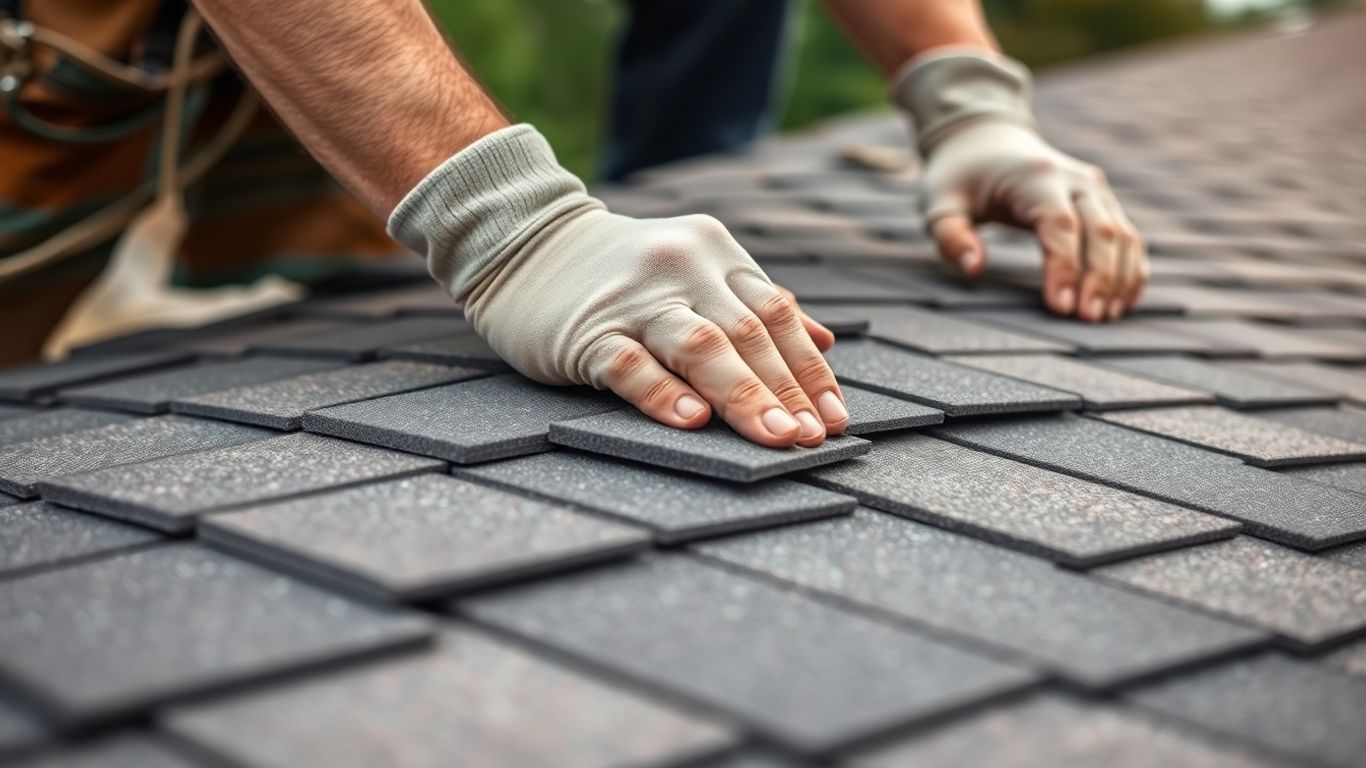 Roofer installing shingles with focus on quality workmanship.