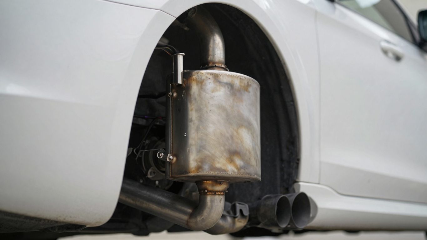 Subaru exhaust system components and engine bay detail.