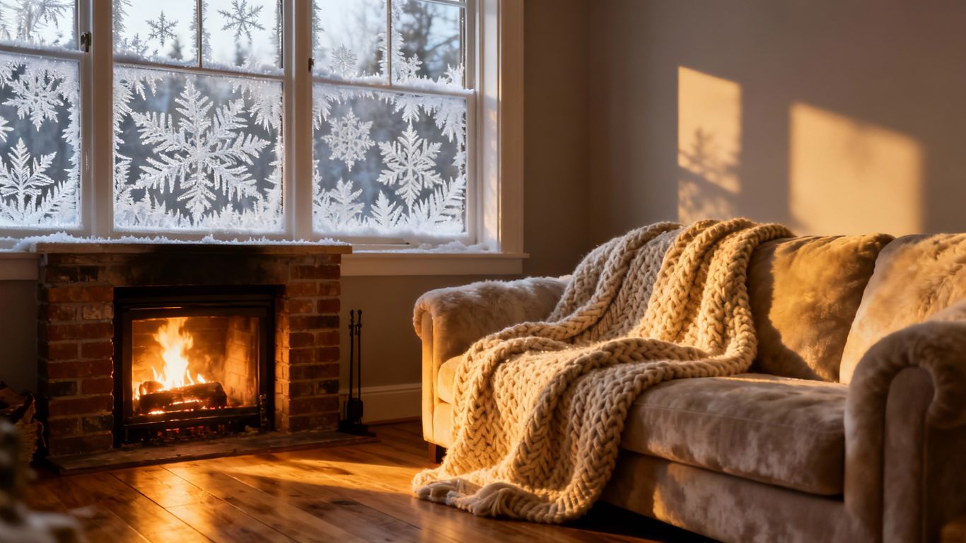 Cozy home interior with frost on window, fireplace warmth.