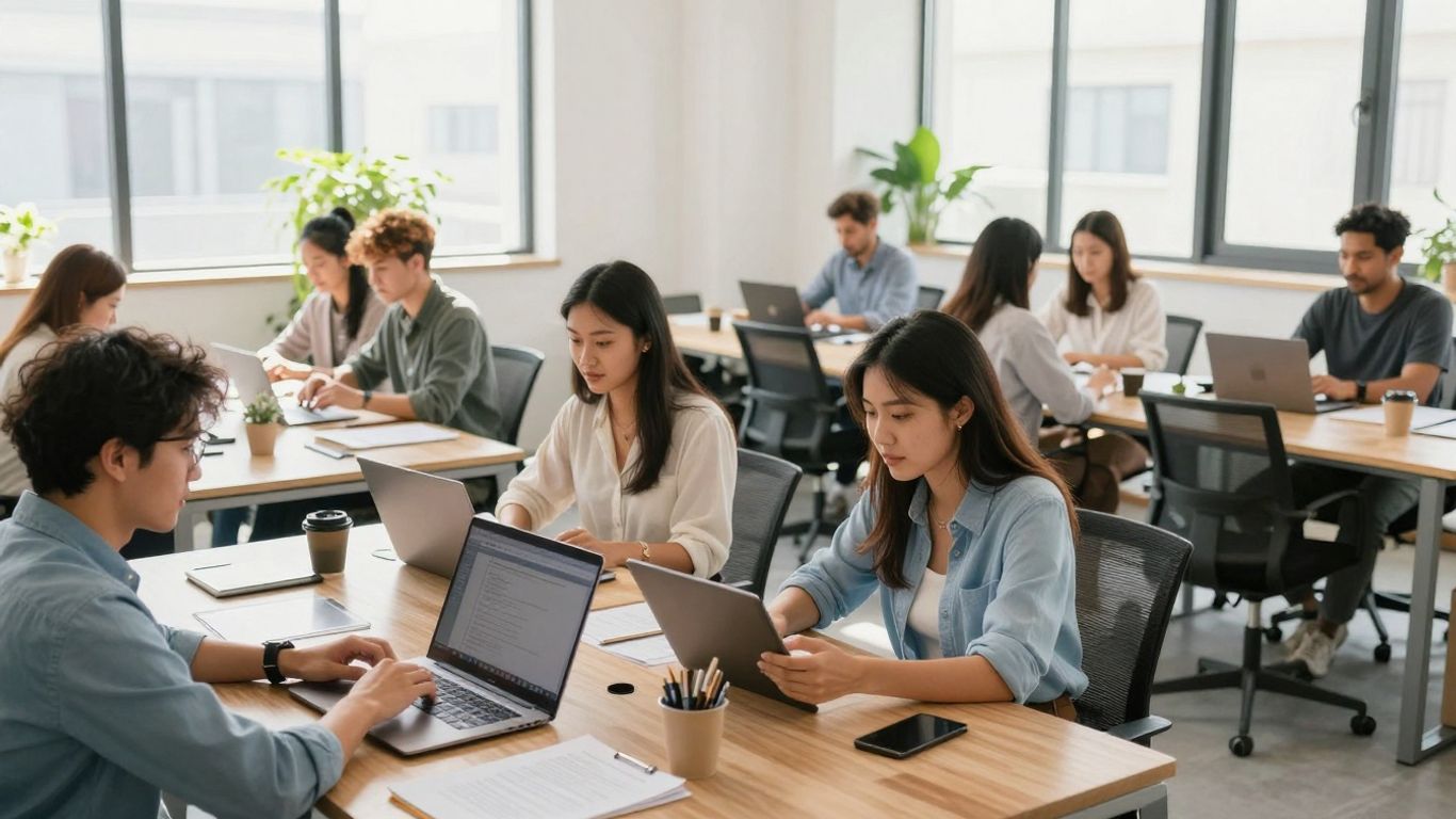 Business professionals collaborating with technology in a modern office.