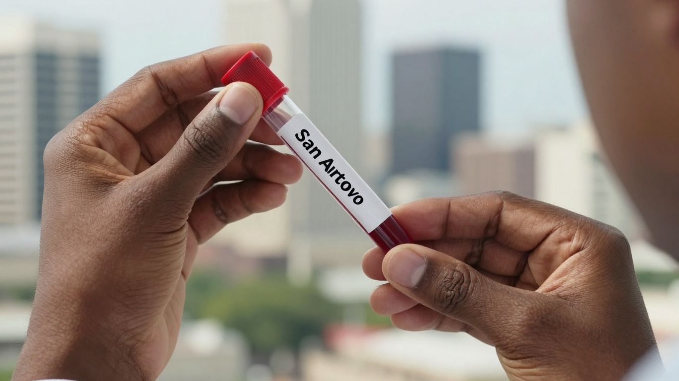 San Antonio skyline with a medical lab test tube.